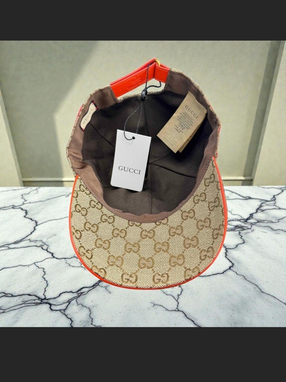 Gucci Monogram Beige Baseball Cap with Red Stripe - Picture 6 of 9